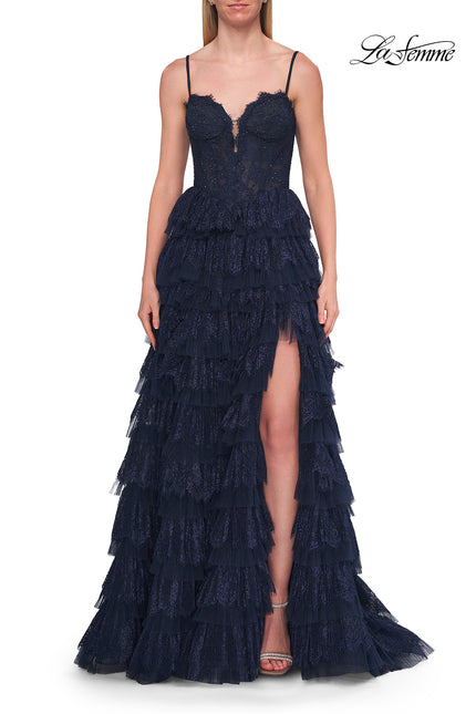 Picture of: Tiered Lace A-Line Gown with Corset Bodice and Slit in Marine Blue, Style: 33525, Detail Picture 12