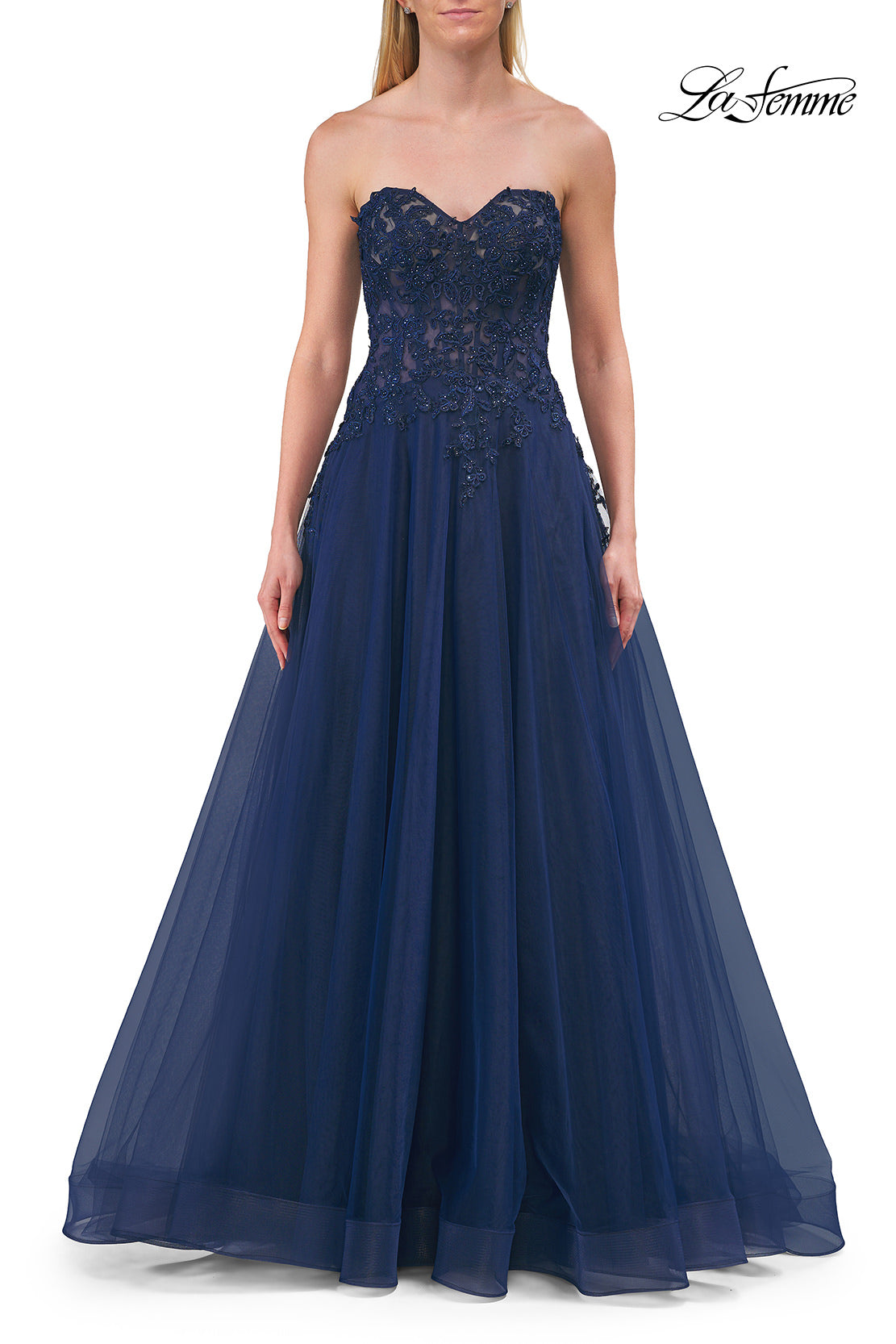 Picture of: Illusion Embroidered Lace Tulle Gown with Slit in Marine Blue, Style: 33551, Detail Picture 12