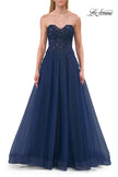 Picture of: Illusion Embroidered Lace Tulle Gown with Slit in Marine Blue, Style: 33551, Detail Picture 12
