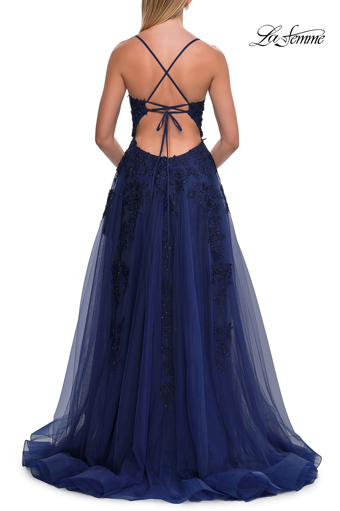 Picture of: Beaded A-Line Tulle Gown with Slit and Open Tie Back in Marine Blue, Style: 33715, Detail Picture 12