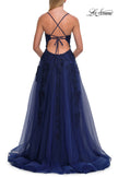 Picture of: Beaded A-Line Tulle Gown with Slit and Open Tie Back in Marine Blue, Style: 33715, Detail Picture 12