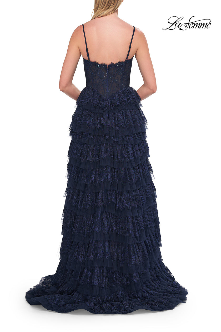 Picture of: Tiered Lace A-Line Gown with Corset Bodice and Slit in Marine Blue, Style: 33525, Detail Picture 13
