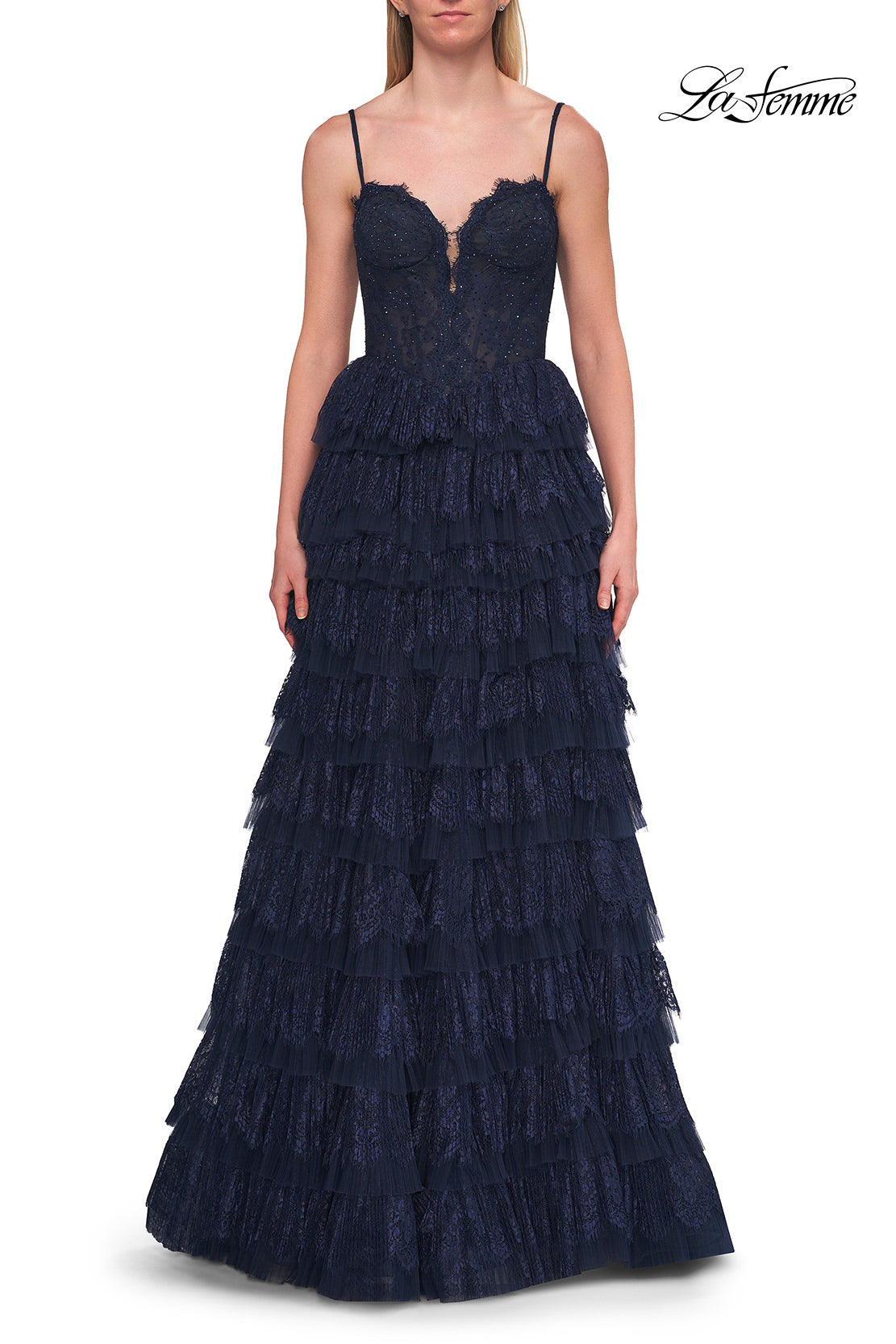 Picture of: Tiered Lace A-Line Gown with Corset Bodice and Slit in Marine Blue, Style: 33525, Detail Picture 14