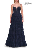 Picture of: Tiered Lace A-Line Gown with Corset Bodice and Slit in Marine Blue, Style: 33525, Detail Picture 14