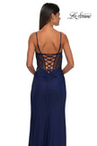 Picture of: Jersey Prom Dress with Unique Ruched Waist and Lace Up Back in Marine Blue, Style: 32977, Detail Picture 15