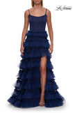 Picture of: Tiered Ruffle Gown with Beaded Bodice and High Slit in Marine Blue, Style: 33493, Detail Picture 16
