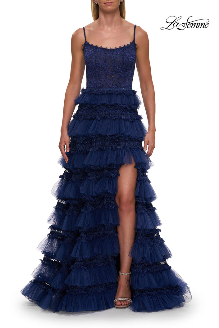 Picture of: Tiered Ruffle Gown with Beaded Bodice and High Slit in Marine Blue, Style: 33493, Detail Picture 16