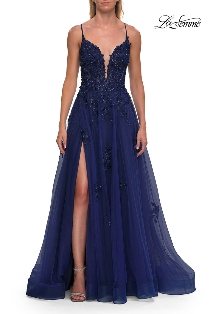 Picture of: Floral Beaded Tulle Gown with Slit and Lace-Up Back in Marine Blue, Style: 33716, Detail Picture 17