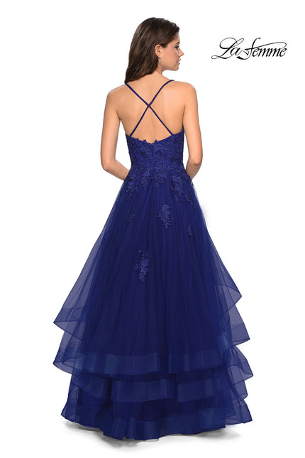 Picture of: Layered Tulle Dress with Lace Detail and Strappy Back in Marine Blue, Style: 27694, Back Picture
