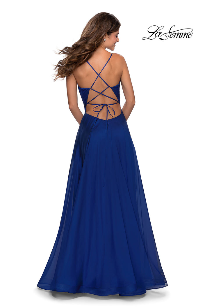 Picture of: Elegant Long Chiffon Prom Dress with Pleated Bodice in Marine Blue, Style: 28575, Back Picture