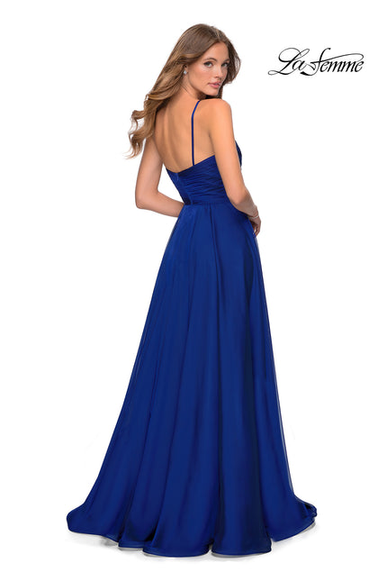 Picture of: Chiffon Prom Dress with Pleated Bodice and Pockets in Marine Blue, Style: 28611, Back Picture