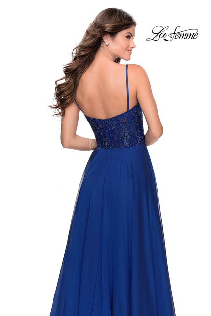 Picture of: Chiffon Prom Dress with Sheer Floral Lace Bodice in Marine Blue, Style: 28664, Back Picture