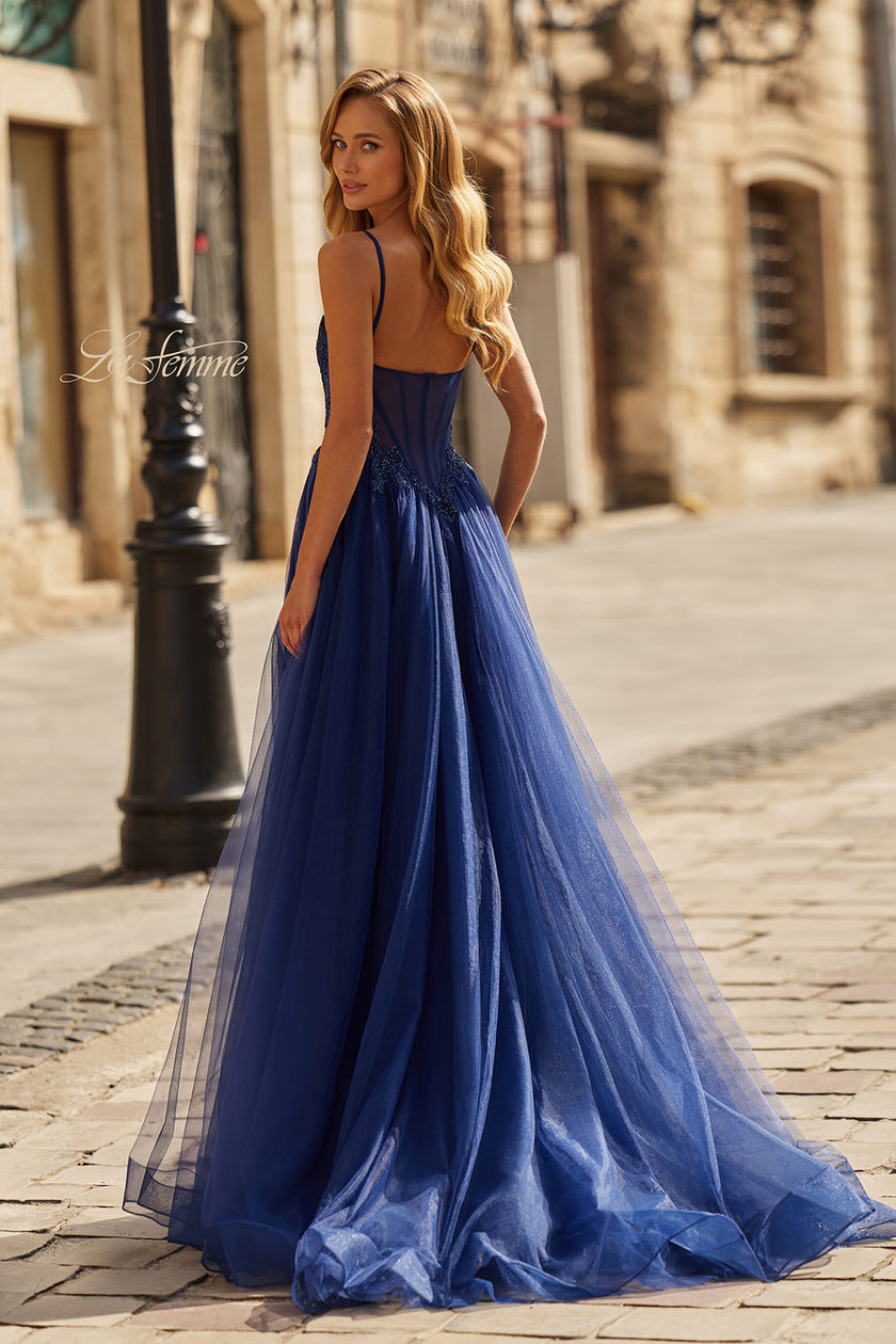 Picture of: Lace Corset Tulle Gown with High Slit and A-Line Skirt in Marine Blue, Style: 33436, Back Picture