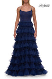 Picture of: Tiered Ruffle Gown with Beaded Bodice and High Slit in Marine Blue, Style: 33493, Detail Picture 18