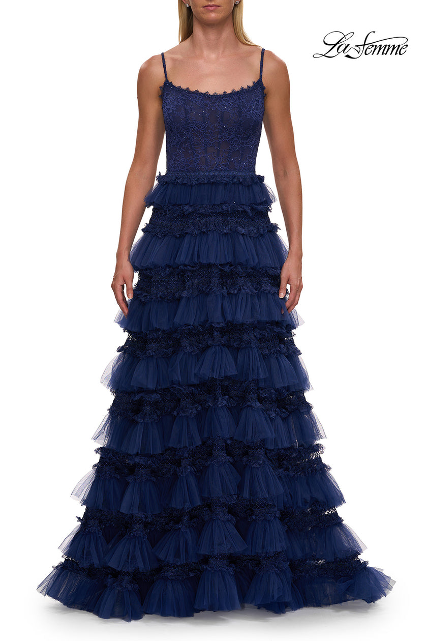 Picture of: Tiered Ruffle Gown with Beaded Bodice and High Slit in Marine Blue, Style: 33493, Detail Picture 18
