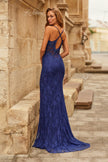 Picture of: Lace Embellished Gown with Spaghetti Straps and High Slit in Marine Blue, Style: 33473, Detail Picture 1