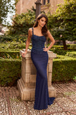 Picture of: Rhinestones Lace Fitted Gown with Scoop Neck and Low Back in Marine Blue, Style: 33721, Detail Picture 1