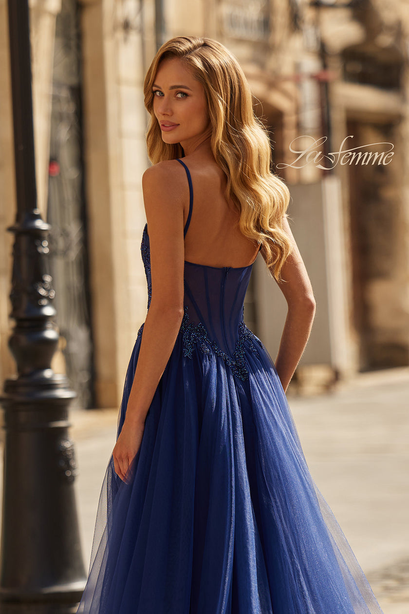 Picture of: Lace Corset Tulle Gown with High Slit and A-Line Skirt in Marine Blue, Style: 33436, Detail Picture 2