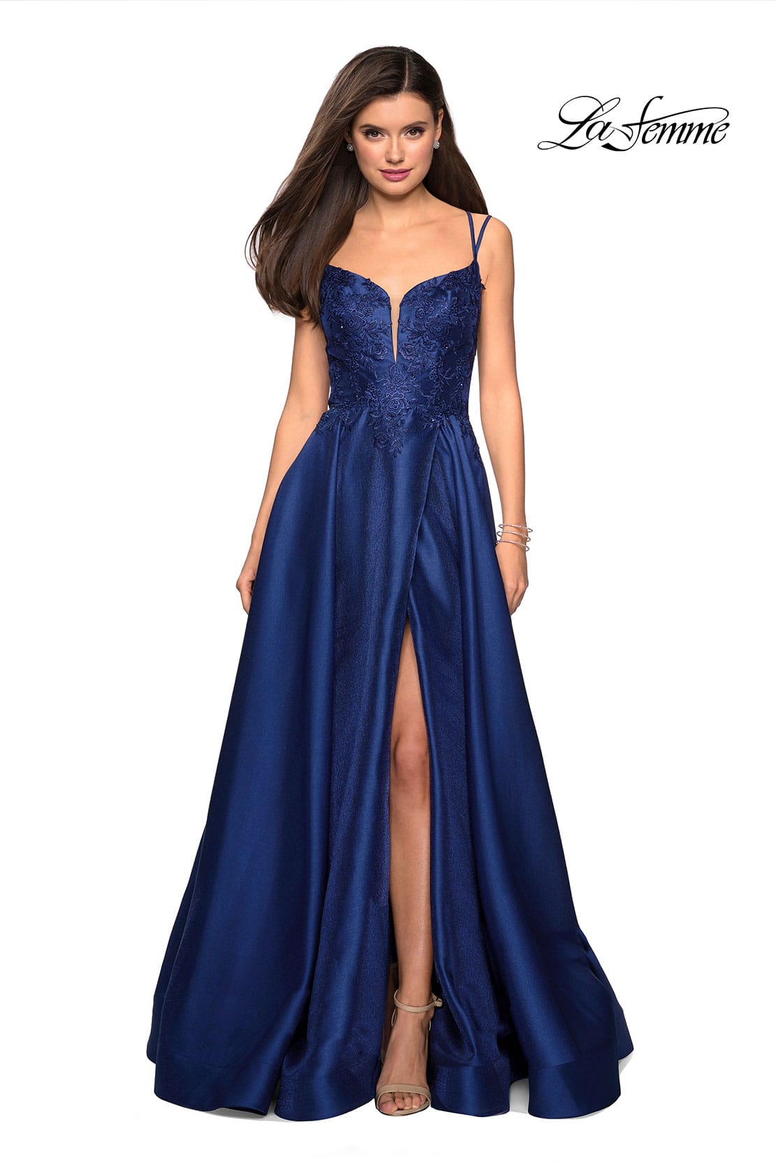 Picture of: Long Ball Gown with Lace and Rhinestone Bodice in Marine Blue, Style: 27528, Detail Picture 3