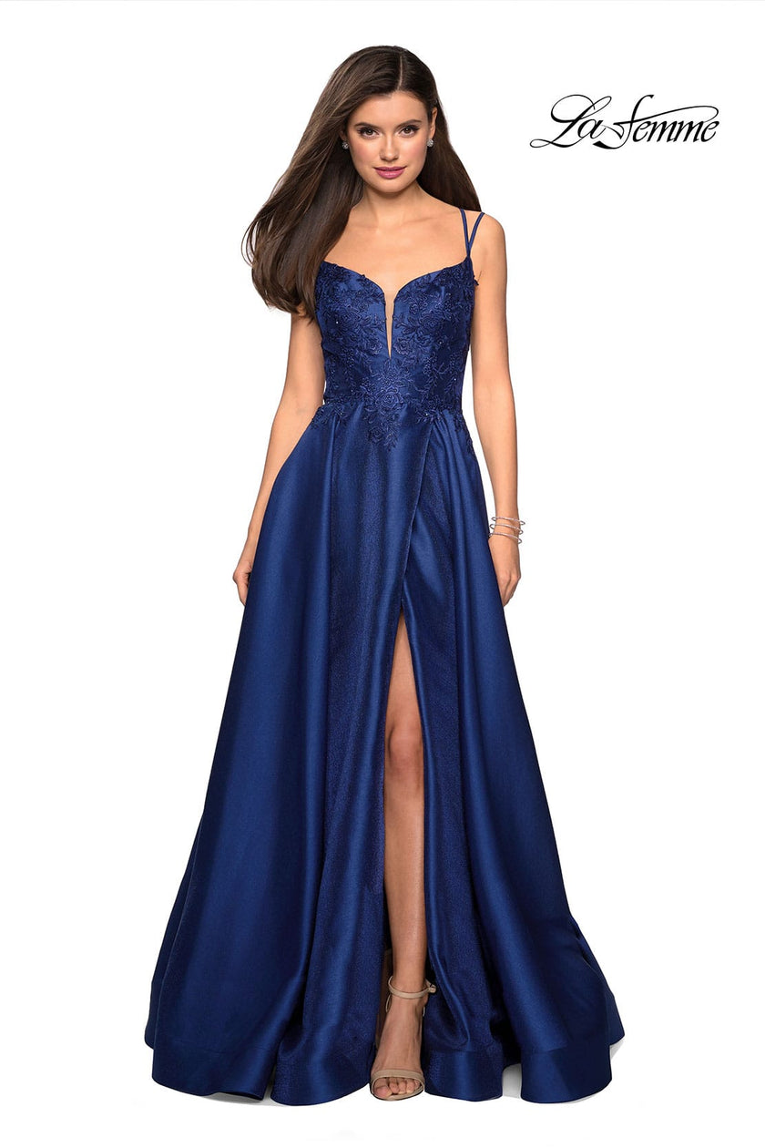 Picture of: Long Ball Gown with Lace and Rhinestone Bodice in Marine Blue, Style: 27528, Detail Picture 3