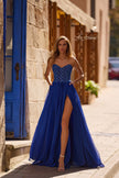 Picture of: Chiffon Gown with High Slit and Strapless Lace Top in Marine Blue, Style 32804, Detail Picture 3