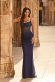 Picture of: Lace Corset Gown with Sheer Bodice and Rhinestones in Marine Blue, Style: 33774, Detail Picture 3