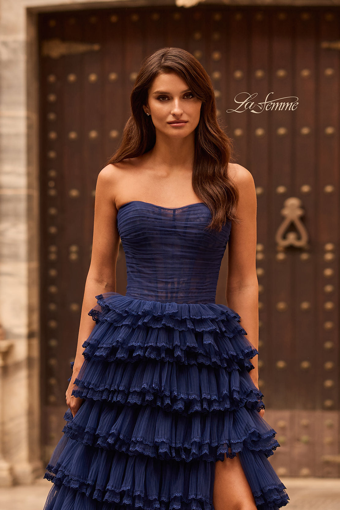 Picture of: Strapless Tiered Ruffle Tulle Gown with Slit in Marine Blue, Style: 33727, Detail Picture 5