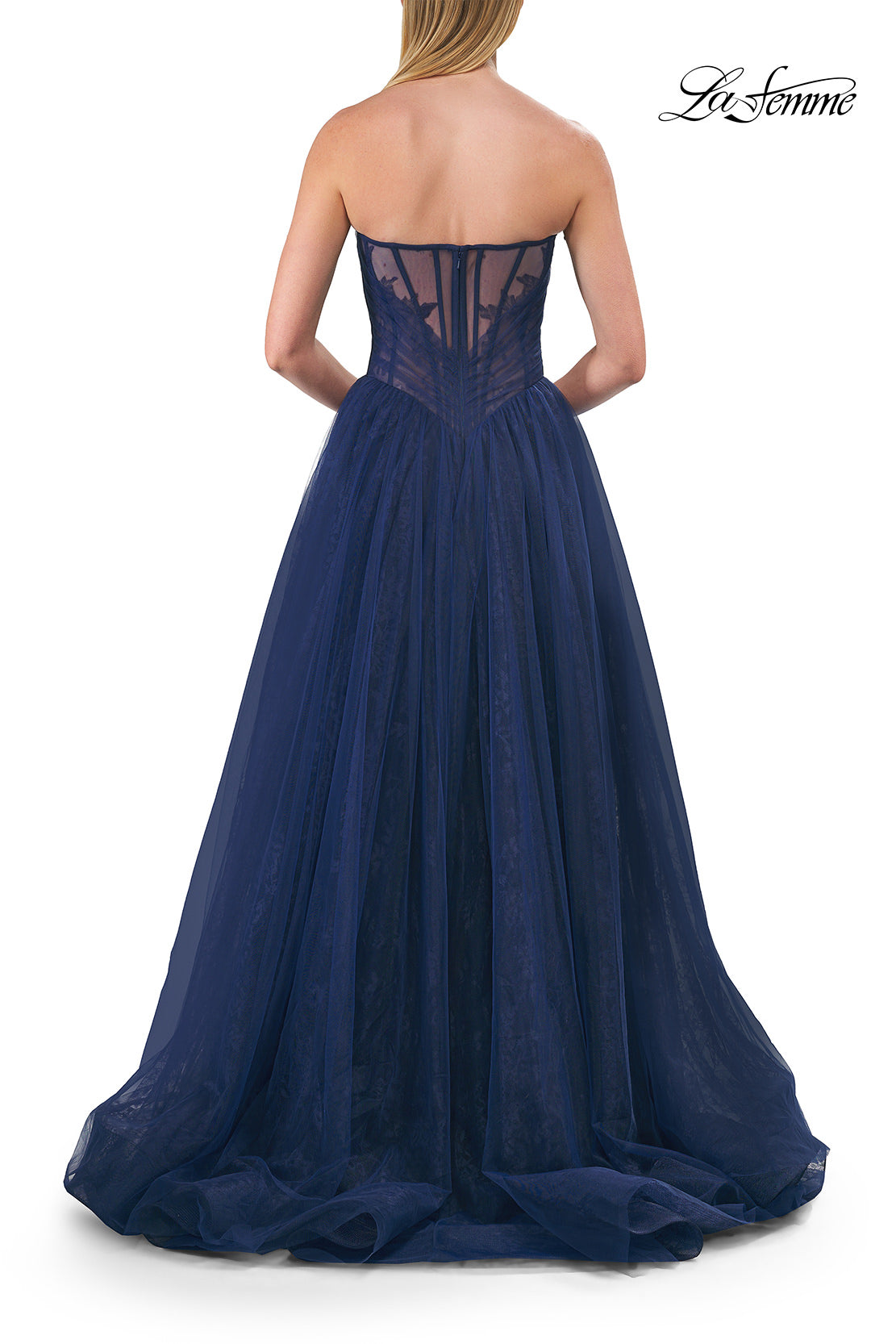 Picture of: Strapless A-Line Gown with Sheer Corset Bodice and High Slit in Marine Blue, Style: 33307, Detail Picture 6