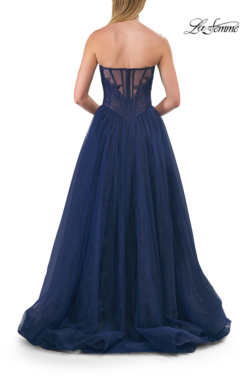 Picture of: Strapless A-Line Gown with Sheer Corset Bodice and High Slit in Marine Blue, Style: 33307, Detail Picture 6