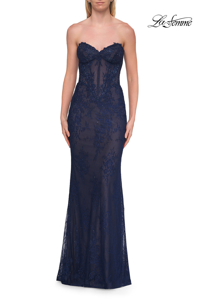Picture of: Strapless Rhinestone Lace Gown with Sheer Corset Bodice in Marine Blue, Style: 33518, Detail Picture 6