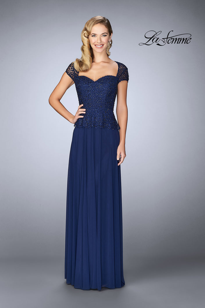 Picture of: Beaded Lace Evening Dress with Cap Sleeves and Peplum in Marine Blue, Style: 24915, Main Picture