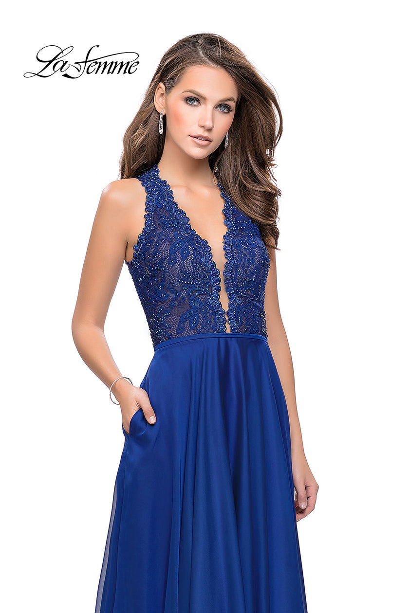 Picture of: Long A-line Dress with Chiffon Skirt and Strappy Details in Marine Blue, Style: 25487, Main Picture