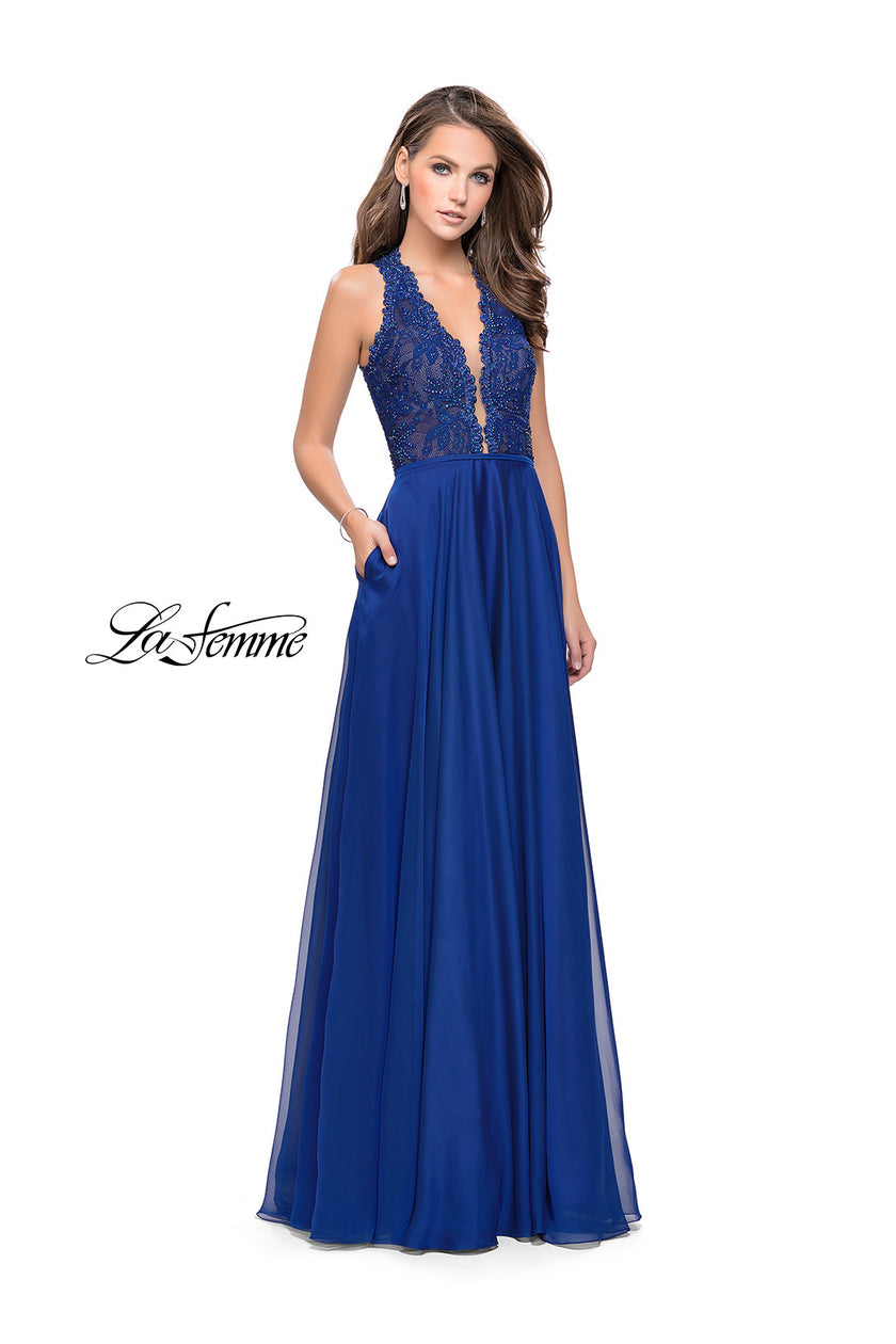Picture of: Long A-line Dress with Chiffon Skirt and Strappy Details in Marine Blue, Style: 25487, Detail Picture 3