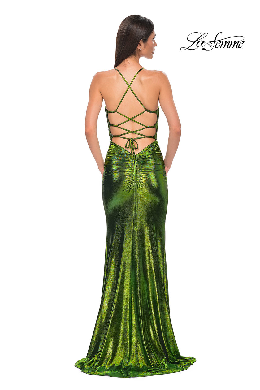 Picture of: Ruched Metallic Jersey Dress with Open Lace Up Back in Matcha , Style 32945, Detail Picture 8