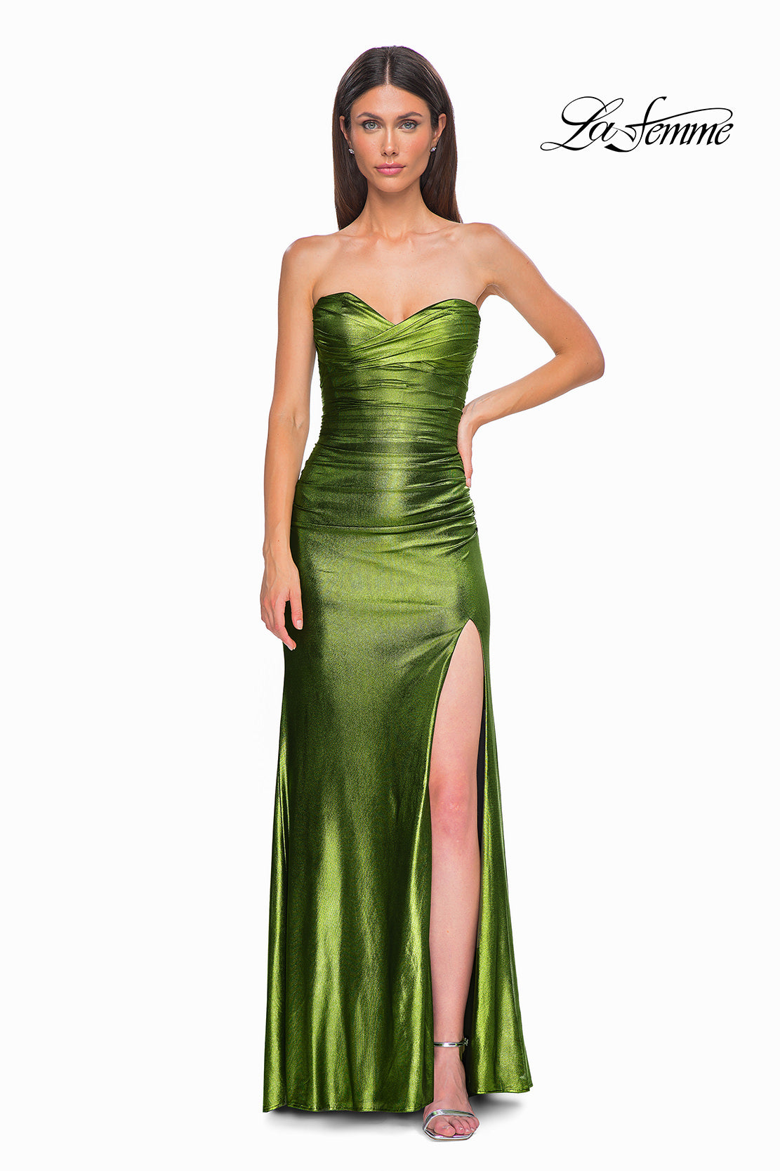 Picture of: Net Jersey Prom Dress with Strapless Top and Flattering Ruching in Matcha , Style 32946, Detail Picture 11