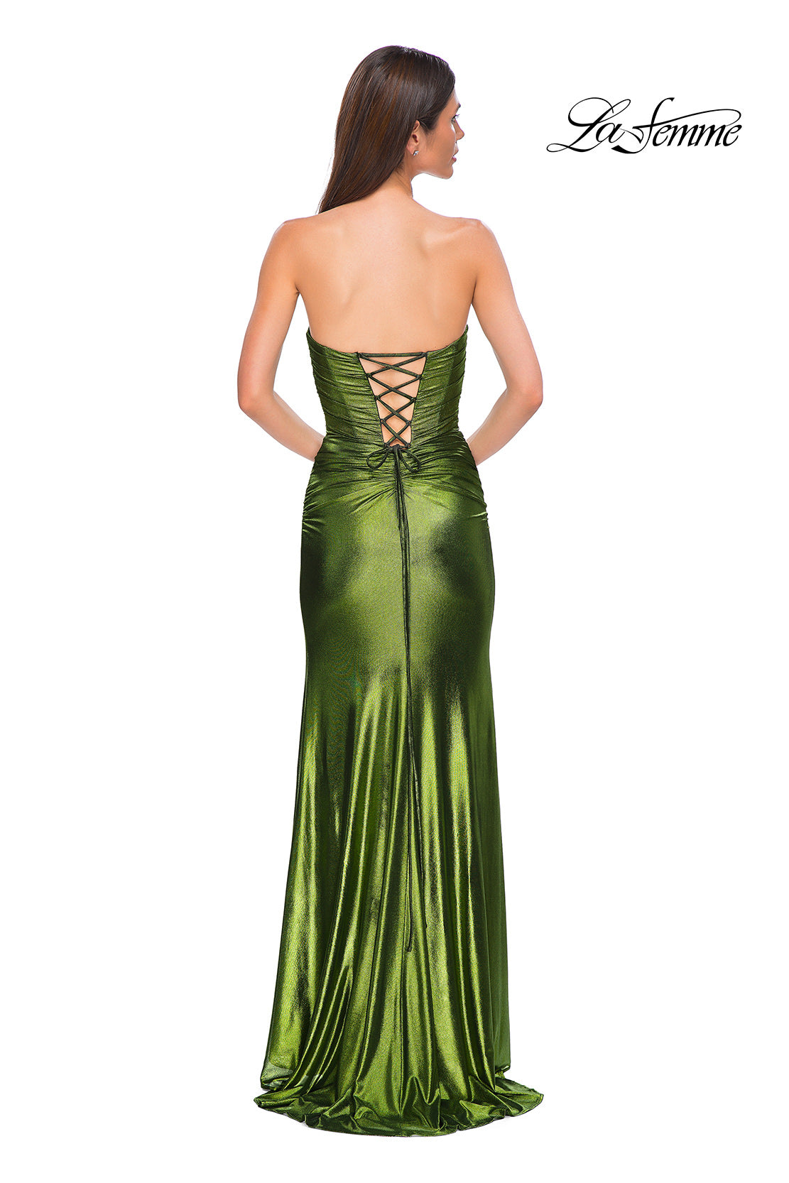 Picture of: Net Jersey Prom Dress with Strapless Top and Flattering Ruching in Matcha , Style 32946, Detail Picture 12