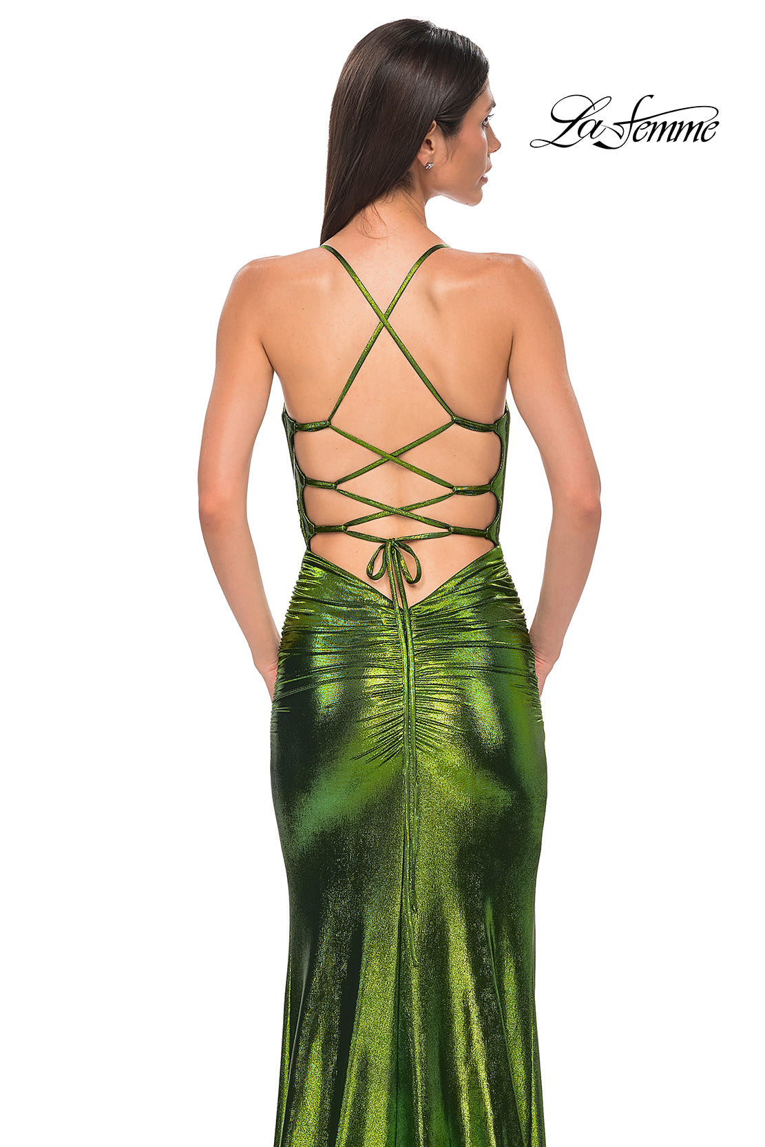 Picture of: Ruched Metallic Jersey Dress with Open Lace Up Back in Matcha , Style 32945, Detail Picture 16