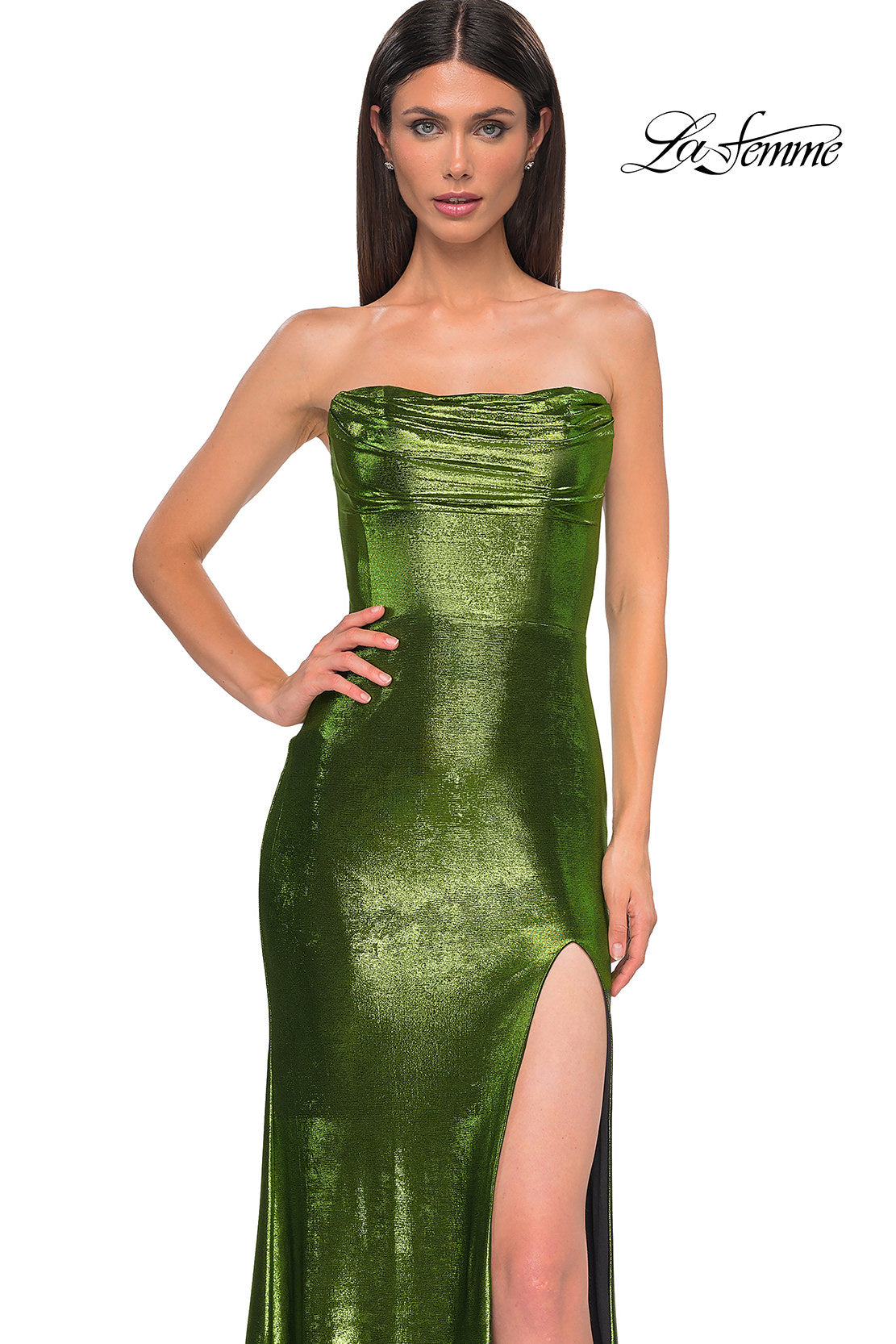 Picture of: Strapless Draped Neckline Prom Dress in Metallic Jersey in Matcha , Style 32828, Detail Picture 20