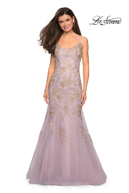 Picture of: Mermaid Tulle Prom Dress with Floral Appliques in Mauve gold, Style: 27710, Main Picture