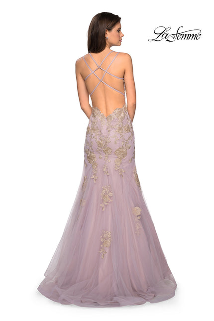Picture of: Mermaid Tulle Prom Dress with Floral Appliques in Mauve Gold, Style: 27710, Back Picture
