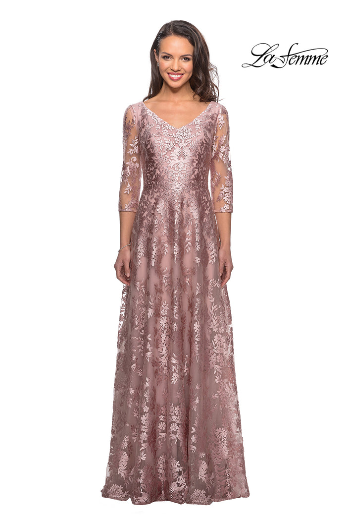 Picture of: Floor Length Lace Gown with Sheer 3/4 Sleeves in Mauve, Style: 27861, Main Picture
