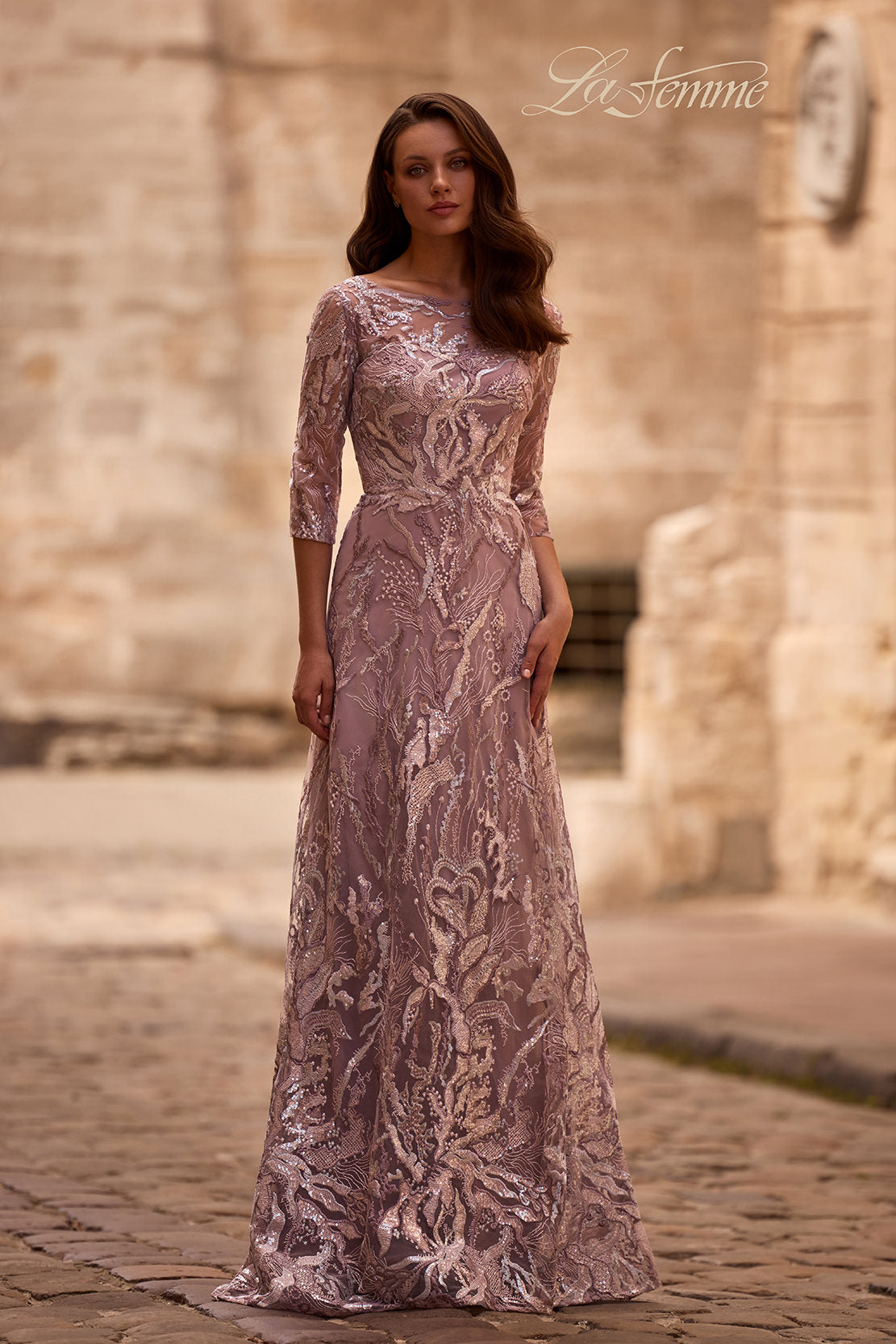 Picture of: Sequin Lace Long Dress with Sheer Sleeves, Style: 29233, Main Picture