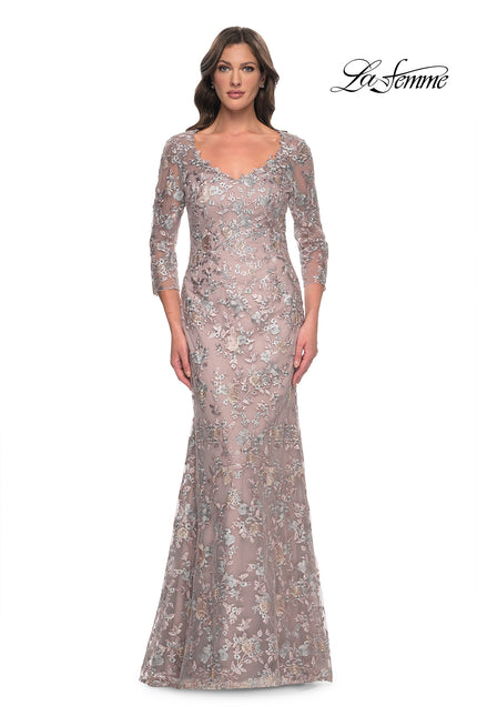 Picture of: Beautiful Lace Long Dress with V Neckline and Sleeves in Mauve, Style: 30081, Main Picture