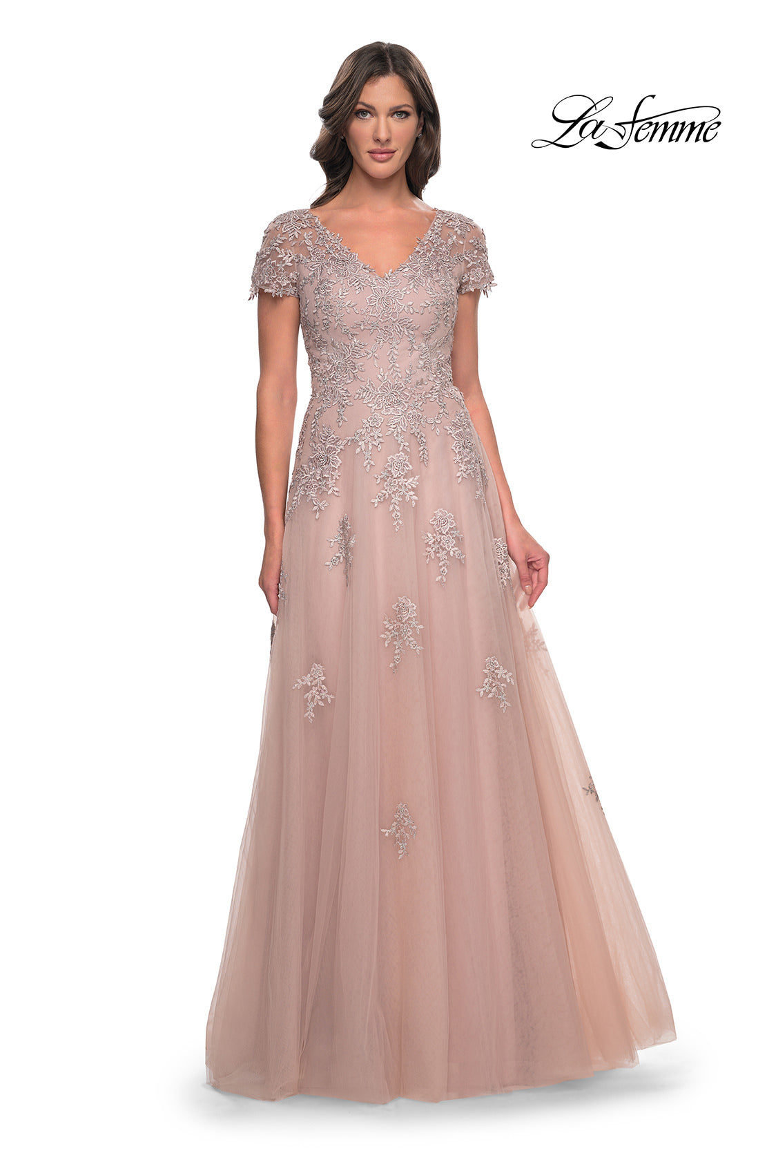 Picture of: A-Line Tulle Gown with Lace Applique and Short Sleeves in Mauve, Style: 30228, Main Picture
