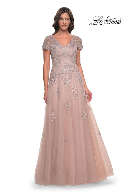 Picture of: A-Line Tulle Gown with Lace Applique and Short Sleeves in Mauve, Style: 30228, Main Picture
