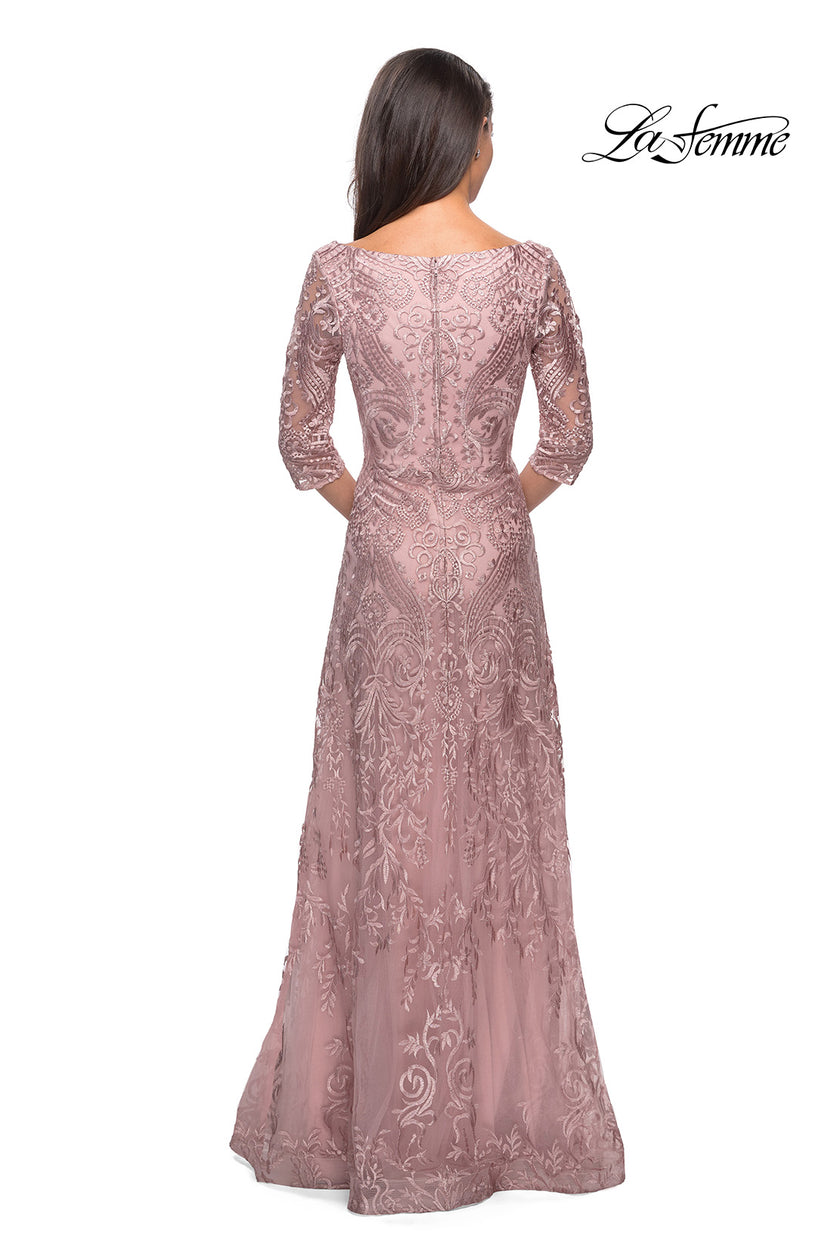 Picture of: Embroidered Lace Gown with V Neckline and Flare Skirt in Mauve, Style: 27949, Detail Picture 8