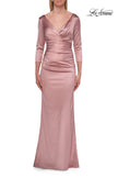 Picture of: V-Neck Satin Gown with Ruched Bodice and Three-Quarter Sleeves in Mauve, Style: 33152, Detail Picture 11