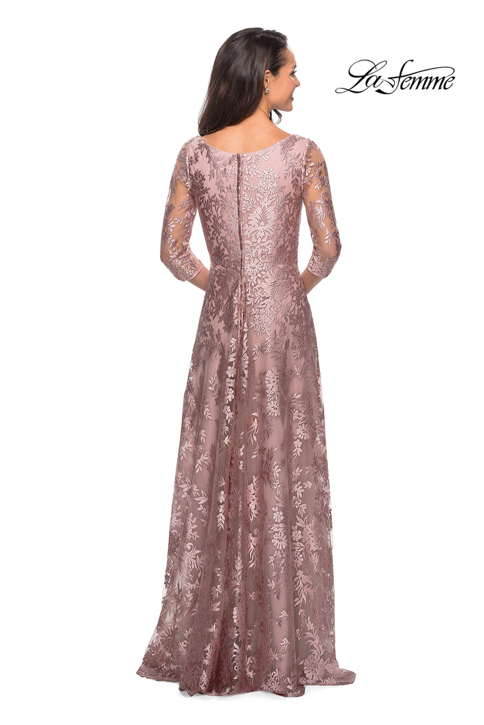 Picture of: Floor Length Lace Gown with Sheer 3/4 Sleeves in Mauve, Style: 27861, Back Picture
