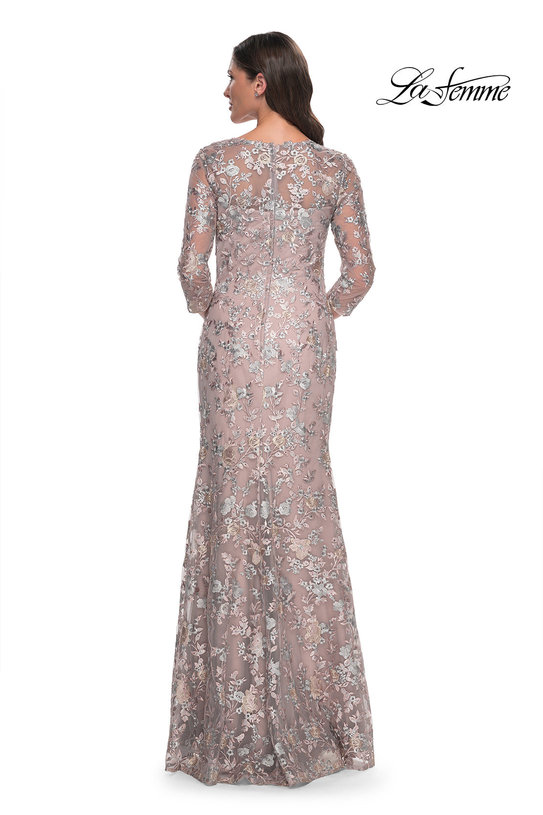 Picture of: Beautiful Lace Long Dress with V Neckline and Sleeves in Mauve, Style: 30081, Back Picture