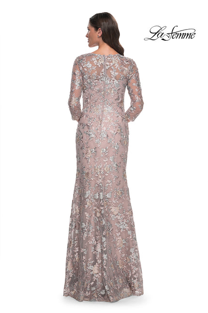 Picture of: Beautiful Lace Long Dress with V Neckline and Sleeves in Mauve, Style: 30081, Back Picture
